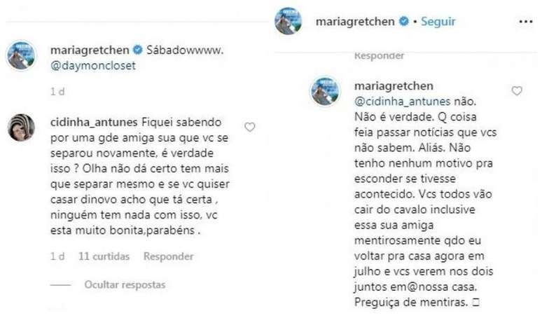 A cantora Gretchen responde a uma seguidora sobre fim do casamento.