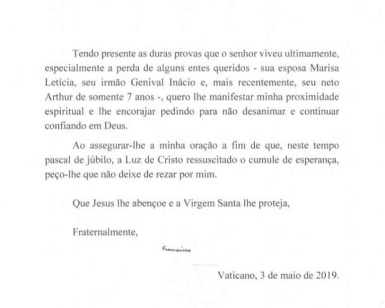 Carta do papa a Lula