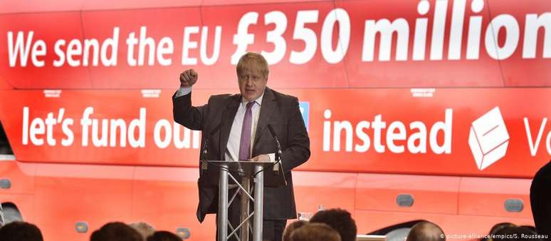 Boris Johnson em frente ao famoso ônibus da campanha pelo Brexit