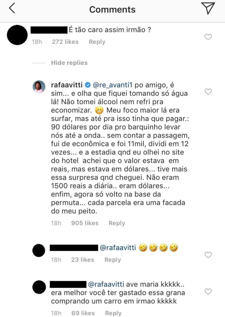 Internauta questiona se viagem para Maldivas foi cara e Rafael Vitti responde.