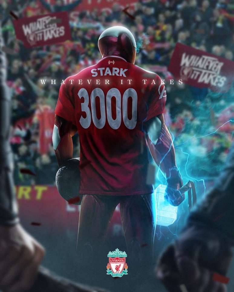 Imagem mostra Tony Stark com a armadura do Homem de Ferro e a camisa do Liverpool (Foto: Divulgação/ Instagram)