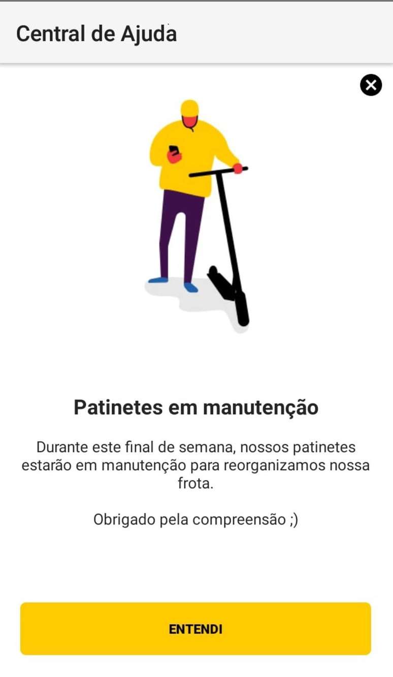 Mensagem em aplicativo informava que patinetes estavam em manutenção