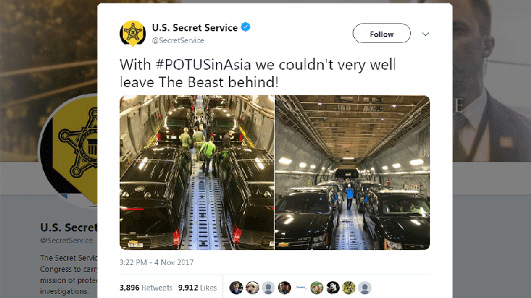 Imagem divulgada pelo Servi&ccedil;o Secreto dos Estados Unidos mostra que os ve&iacute;culos da comitiva s&atilde;o transportados por avi&otilde;es de carga antes da chegada do presidente