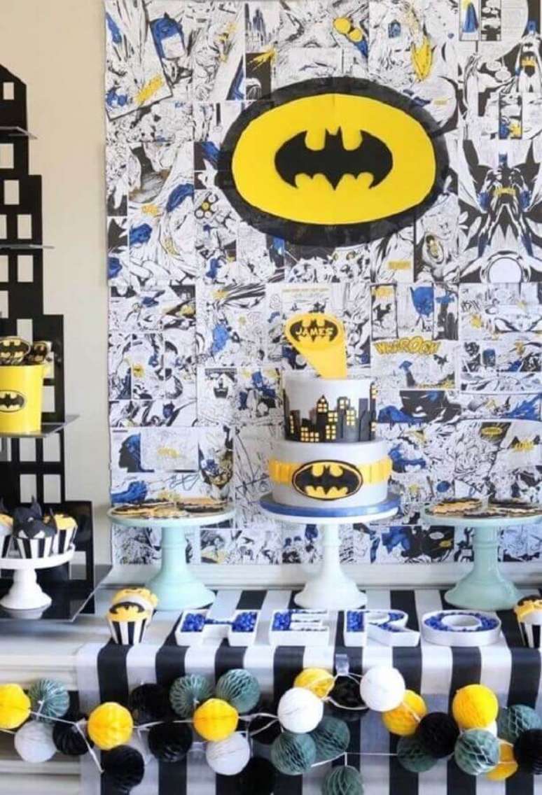 71. Painel com vários desenhos para compor a decoração do Batman para festa infantil – Foto: Pinterest