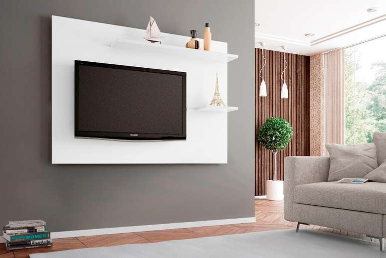 35. Cores para sala de TV com painel branco – Foto: Decoração de Casa