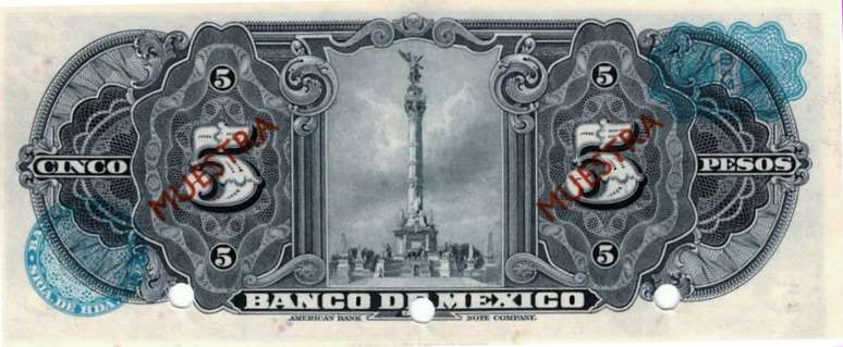 Verso da primeira nota de 5 pesos mostra monumento da independência mexicana