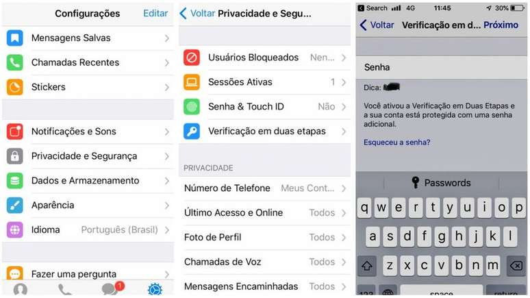 No Telegram: a partir do configura&ccedil;&otilde;es, acessar 'Privacidade e Seguran&ccedil;a' e, em seguida, 'Verifica&ccedil;&atilde;o em duas etapas'