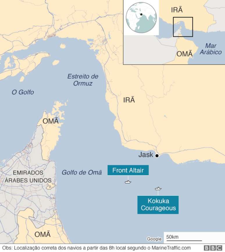 Mapa de localização onde petroleiros foram atingidos no estreito do Ormuz