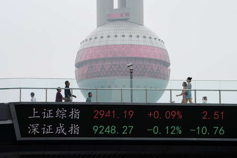 Painel com cotações das bolsas de Xangai e Shenzhen em Xangai, na China
16/04/2019
REUTERS/Aly Song