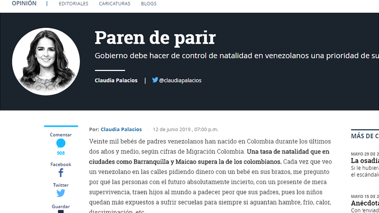 Jornalista defendeu em coluna que o controle da natalidade dos venezuelanos deveria ser uma prioridade do governo