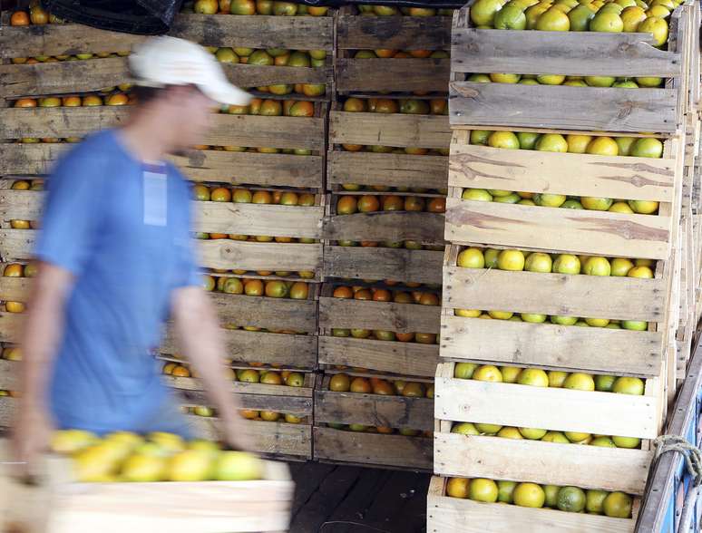 Trabalhador carrega caminhão com caixas de laranja em fazenda em Limeira
12/01/2012 REUTERS/Paulo Whitaker 