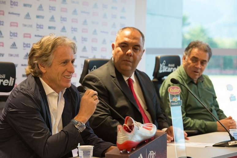 Jorge Jesus em sua coletiva de apresentação no Flamengo (Foto: Alexandre Vidal/Flamengo)