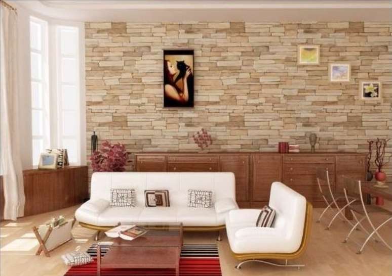 21. A sala de estar fica ainda mais aconchegante com o papel de parede pedra canjiquinha – Por: Pinterest