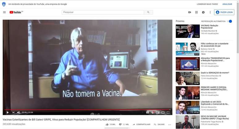 Vídeo brasileiro antivacina coloca trecho de vídeo de britânico; no detalhe superior à direita, outro vídeo contra vacina como próxima recomendação