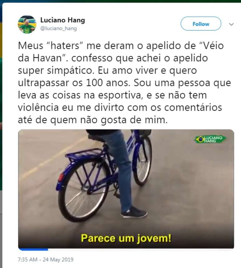 Post no Twitter de Luciano Hang sobre o apelido "Véio da Havan", que recebeu de seus críticos na internet