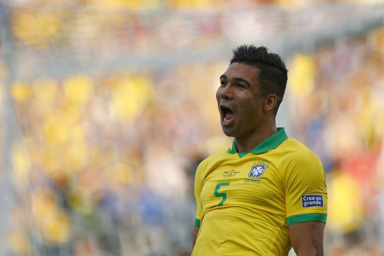 Comemoração do gol de Casemiro, do Brasil, marcado diante do Peru, durante partida válida pela 3ª rodada do Grupo A da Copa América 2019, realizada na Arena Corinthians, em Itaquera, zona leste da capital paulista, nesta sábado (22).