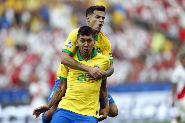 Comemoração do gol de Firmino, do Brasil, segundo da equipe marcado diante do Peru, durante partida válida pela 3ª rodada do Grupo A da Copa América 2019, realizada na Arena Corinthians, em Itaquera, zona leste da capital paulista, nesta sábado (22).