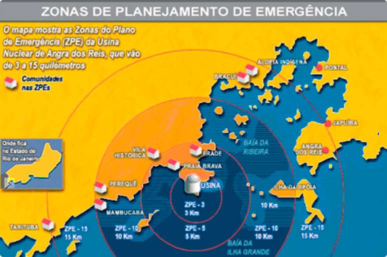 Mapa mostra diferentes raios de ação para o planejamento de emergência da Central Nuclear de Angra