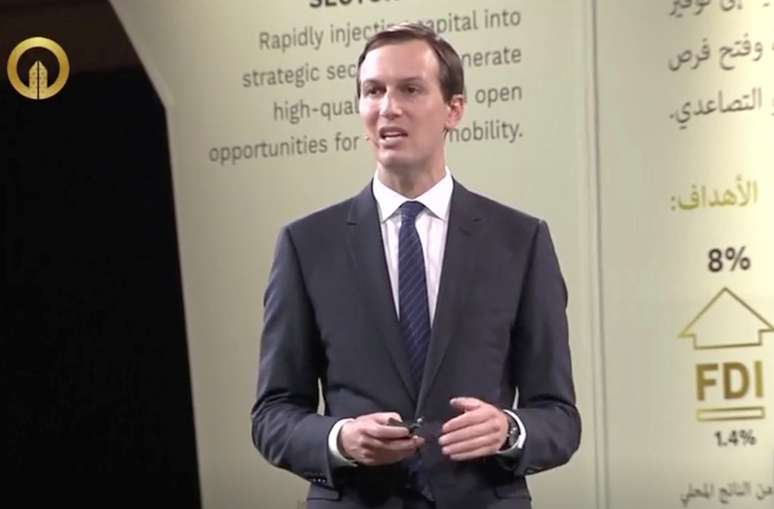 Conselheiro da Casa Branca, Jared Kushner, discursa em abertura de confer&ecirc;ncia em Manama
25/06/2019 Pool da Confer&ecirc;ncia Paz e Prosperidade/Reuters TV via REUTERS 