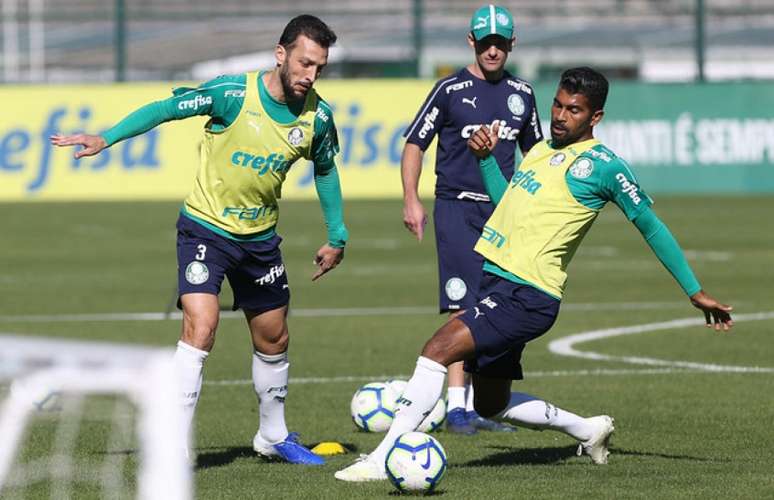 Edu Dracena e Thiago Santos participaram de treinamento com bola nesta terça-feira (Agência Palmeiras/Divulgação)