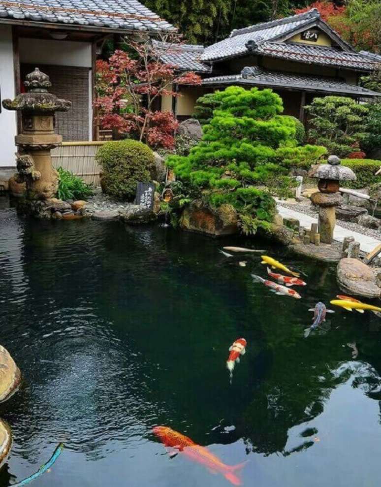 54. Jardim com carpas, afinal os peixes são muito presentes na cultura oriental. Fonte: Pinterest