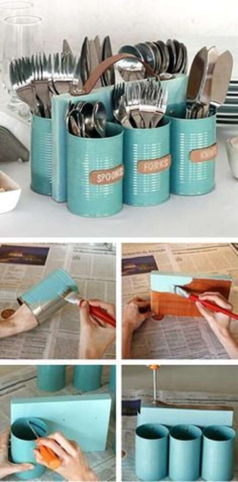 9. Porta talher com lata, DIY baratinhos para decorar sua casa. Fonte: Pinterest