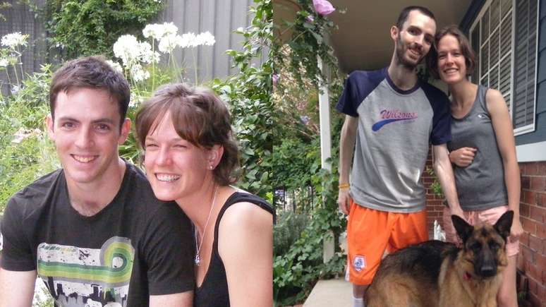Dan com sua mulher, Alyce, em dois momentos: ele perdeu muito peso por causa da quimioterapia