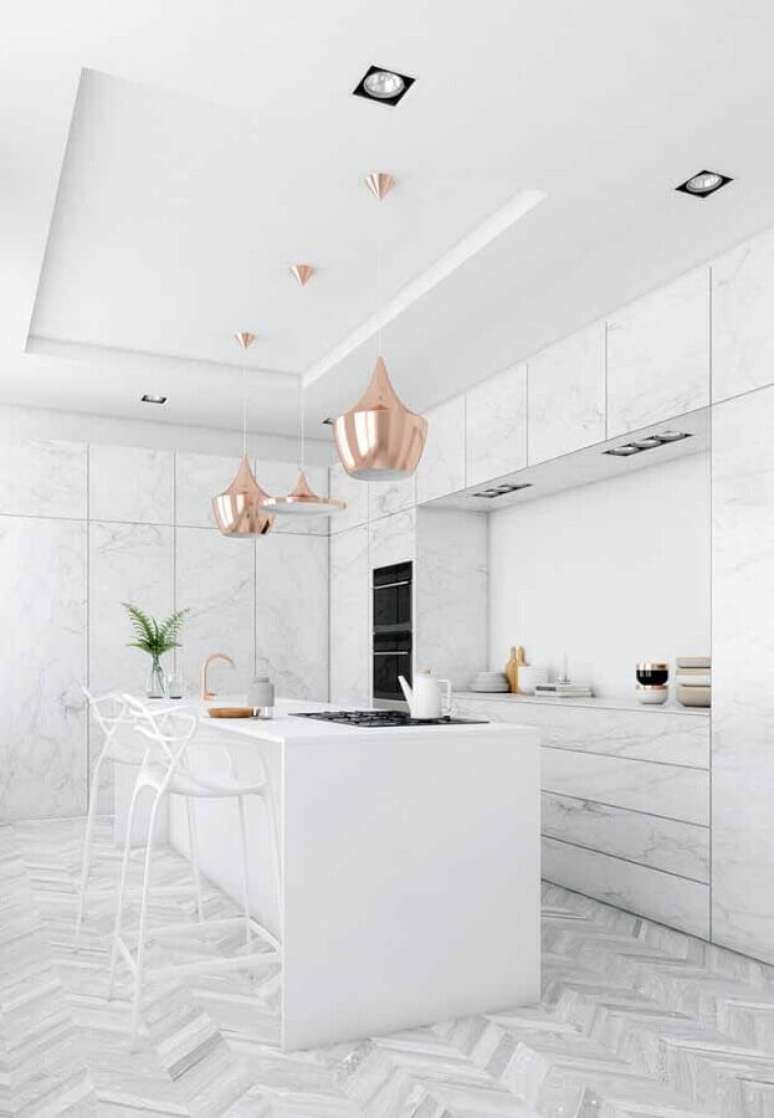 58. Sofisticada decoração para cozinha branca com pendente rose gold – Foto: Wood Save