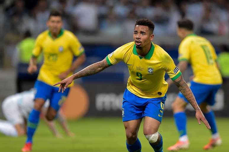 Gabriel Jesus, do Brasil, comemora seu gol na partida contra a Argentina, válida pelas semifinais da Copa América 2019, no Estádio Mineirão, em Belo Horizonte (MG)
