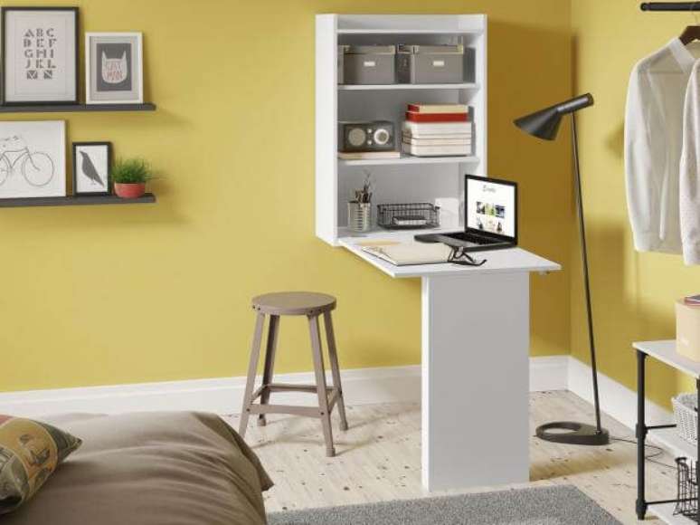 15. Mesa dobrável de parede branca para escritório no quarto