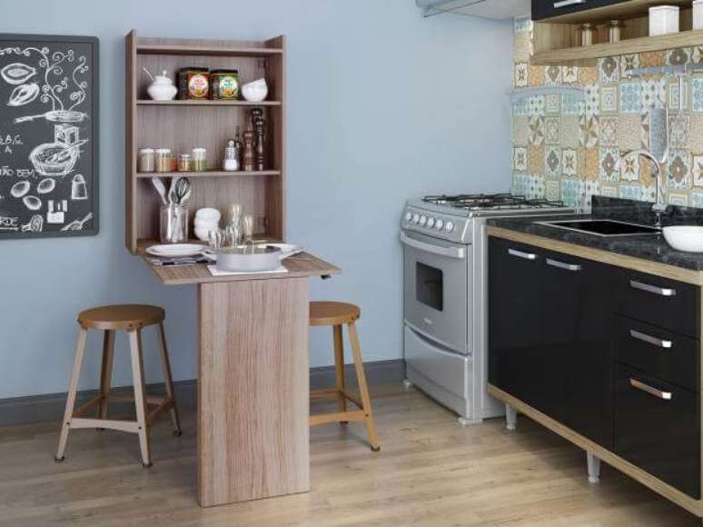 59. Mesa dobr&aacute;vel de parede para cozinha moderna