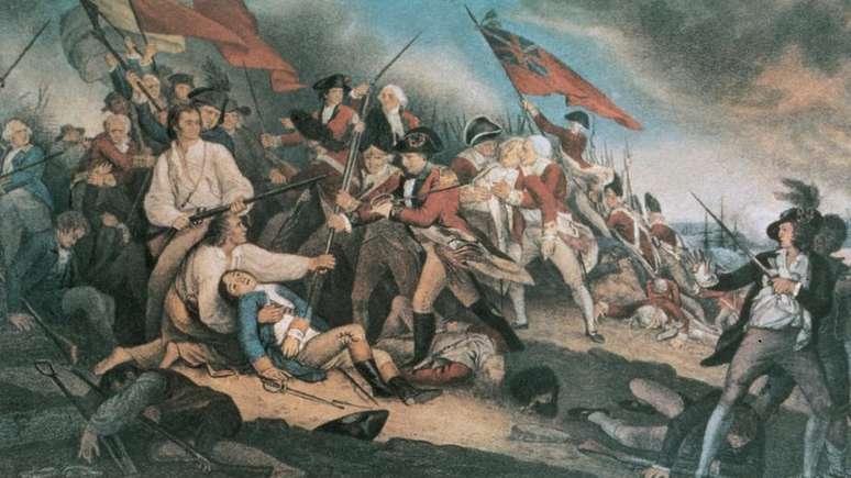 Quandro retrata a batalha de Bunker Hill: guerra de independ&ecirc;ncia come&ccedil;ou em 19 de abril de 1775 e se prolongou at&eacute; 3 de setembro de 1783