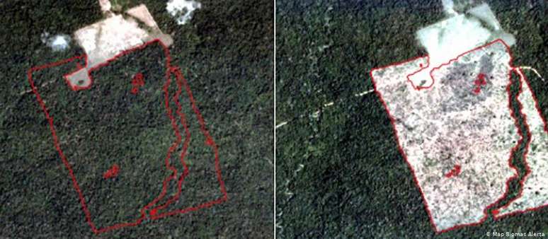 Imagens de satélite de 4/11/2018 e de 16/3/2019 mostram desmatamento de 149,77 hectares no norte de Rondônia