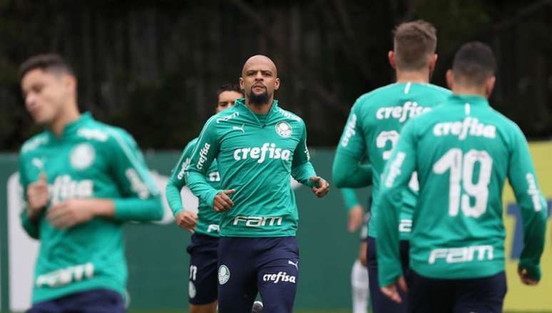 Felipe Melo participou do aquecimento enquanto a imprensa esteve na Academia de Futebol (Agência Palmeiras)