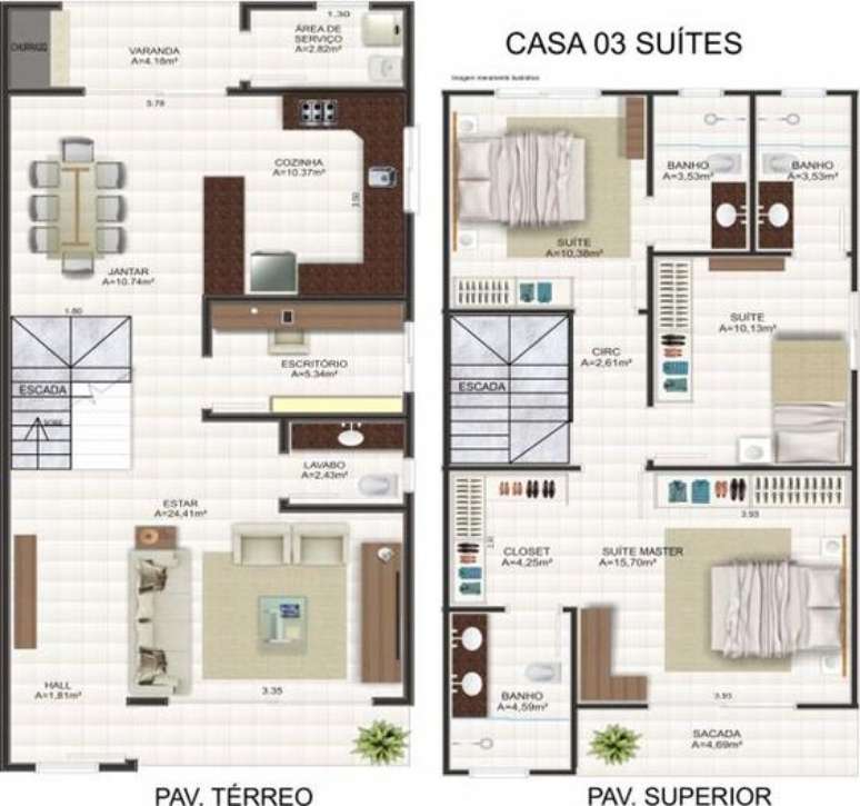 14. Plantas de casas modernas grandes usam muito suites. Imagem: Decorando Casas