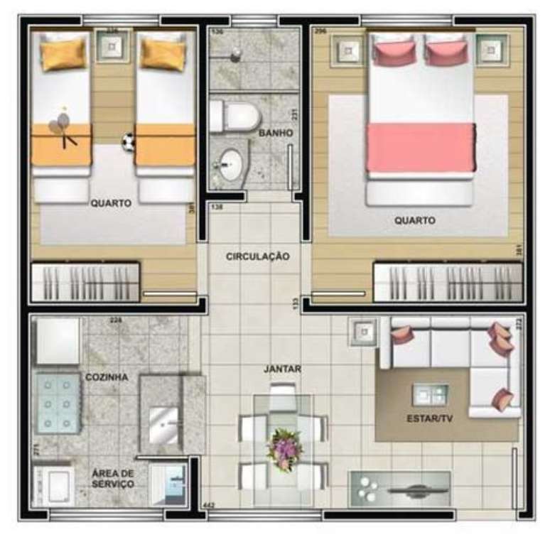 18. Plantas de casas modernas e pequenas costumam utilizar os próprios móveis como divisórias. Imagem: Tudo Construção