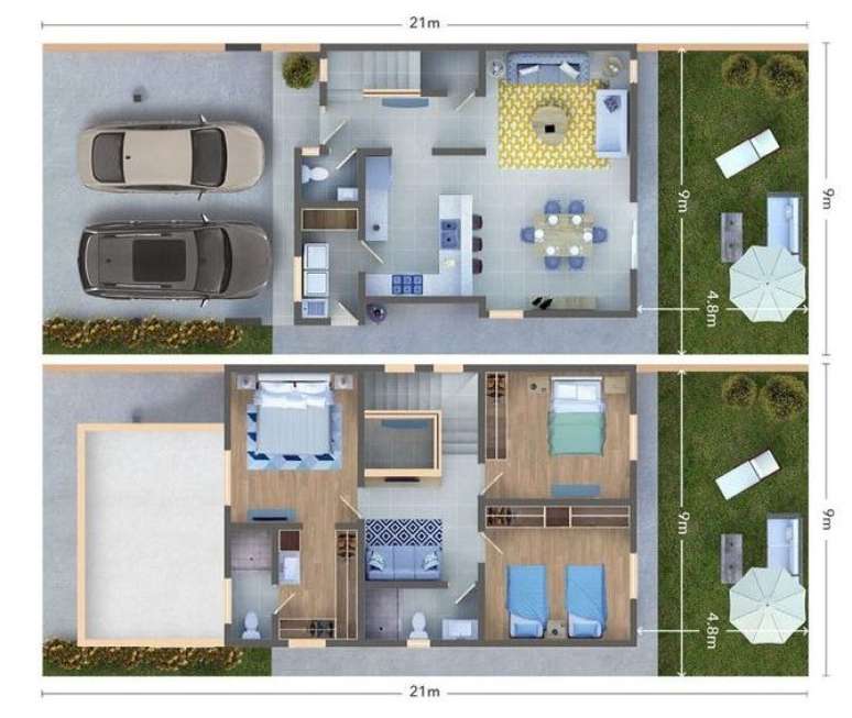 23. As áreas externas também podem bem simples nas plantas de casas modernas. Imagem: Elga