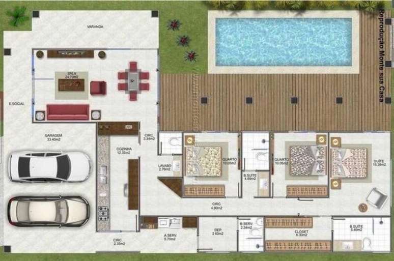 24. As piscinas das plantas de casas modernas podem vir acompanhadas de decks de madeira. Imagem: Monte Sua Casa