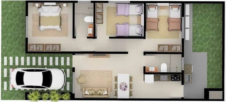 27. A disposição de móveis nas plantas de casas modernas também costuma ser bem simples. Imagem: Construye Hegar