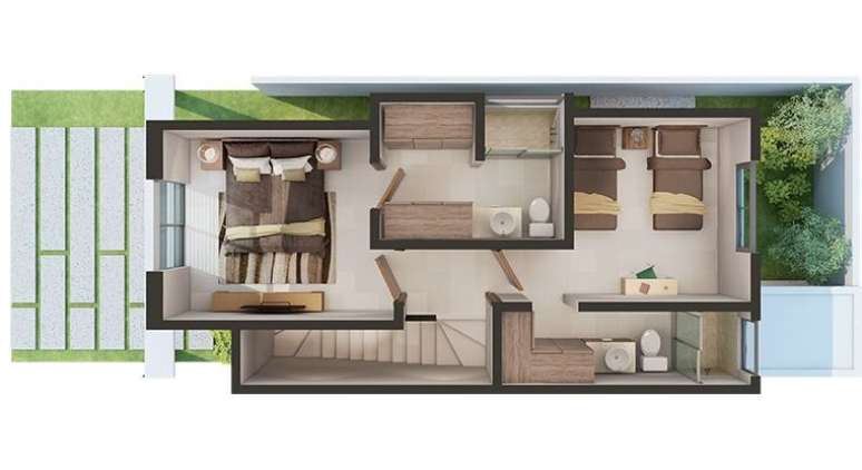 29. As plantas de casas modernas com mais de um andar costumam ser bem modulados. Imagem: Adamar