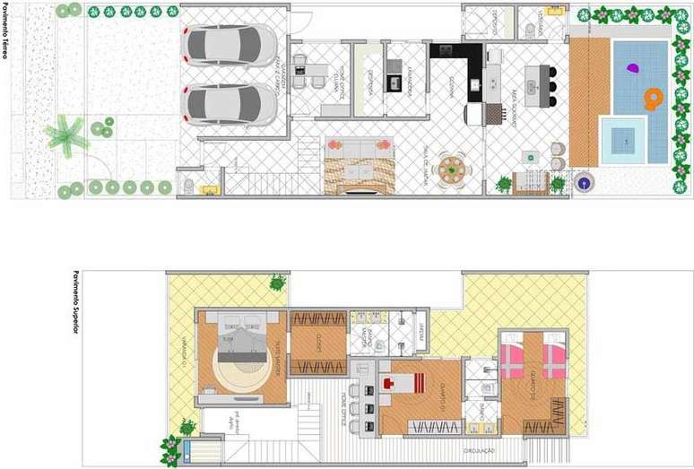 31. As plantas de casas modernas podem ser projetadas em uma organização diferenciada.  Imagem: Ideias Decor