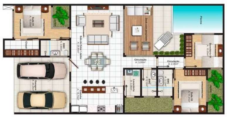 34. Plantas de casas modernas grandes otimizam espaços com técnicas de divisão. Imagem: Plantas de Casas