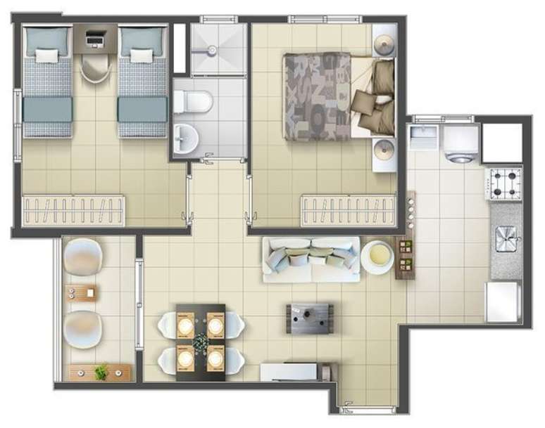 4. Projeto de imóveis com dois quartos são plantas de casas modernas muito populares. Imagem: Miva Imóveis