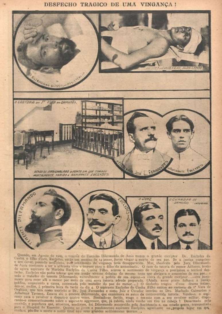 A morte de Euclides da Cunha Filho retratada na revista "O Malho", em julho de 1916