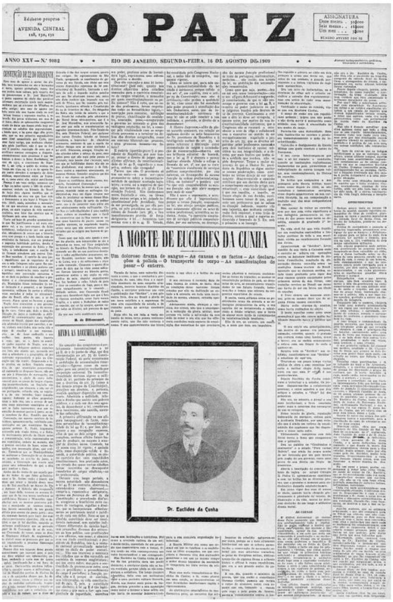 No dia seguinte &agrave; morte de Euclides da Cunha, a imprensa da &eacute;poca noticiou 'o doloroso drama de sangue' e o choque com a perda do c&eacute;lebre escritor. Capa de "O Pais" de 16 de agosto de 1916