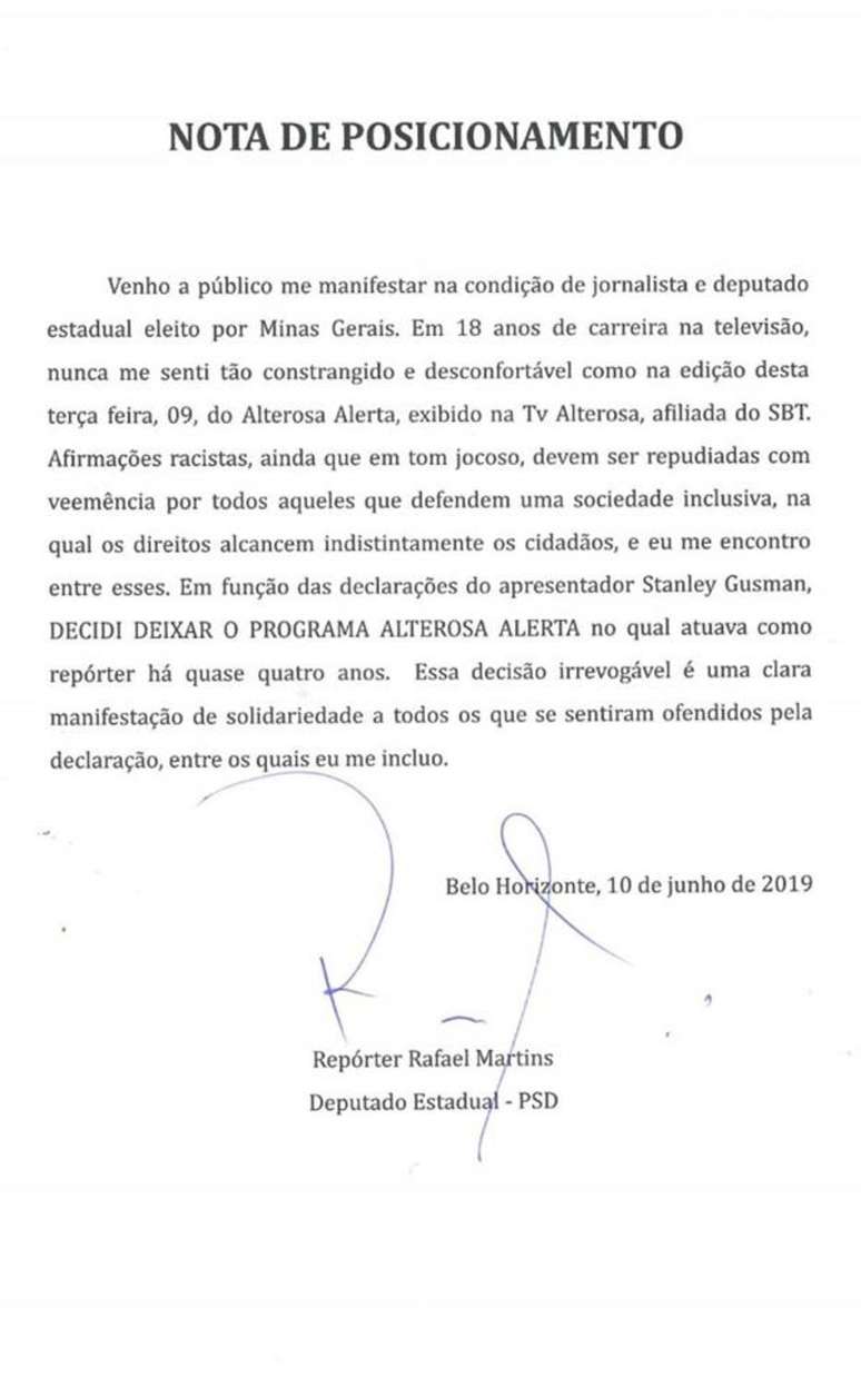 Comunicado divulgado por Rafael Martins, ex-repórter do 'Alterosa Alerta', em 10 de julho de 2019.