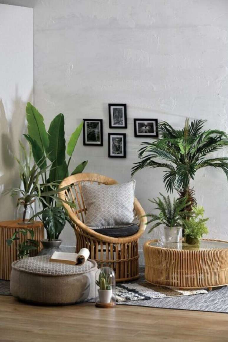 50. Sala decorada com m&oacute;veis rattan e vasos de plantas &ndash; Foto: SimDreamHomes