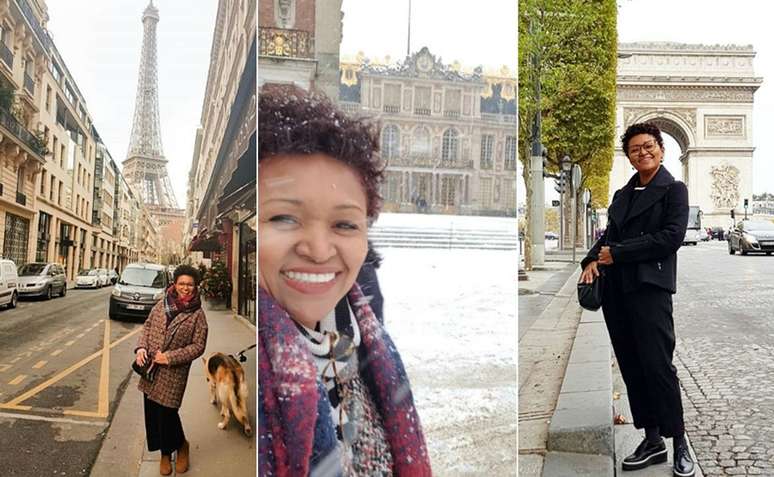 Edis Lima diante de pontos turísticos preferidos dos brasileiros: a Torre Eiffel, o Palácio de Versalhes e o Arco do Triunfo