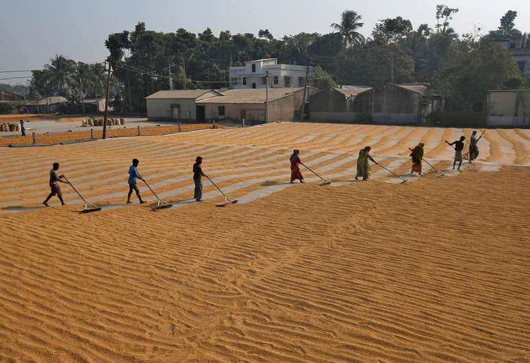 Trabalhadores espalham arroz para secar em uma f&aacute;brica de arroz nos arredores de Calcut&aacute;. 
REUTERS/Rupak De Chowdhuri
01/02/2019
