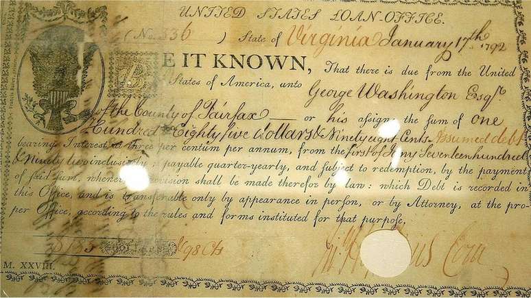 Documento assinado pelo ex-presidente dos EUA George Washington em 1792 contém o primeiro uso do cifrão em um documento financeiro americano